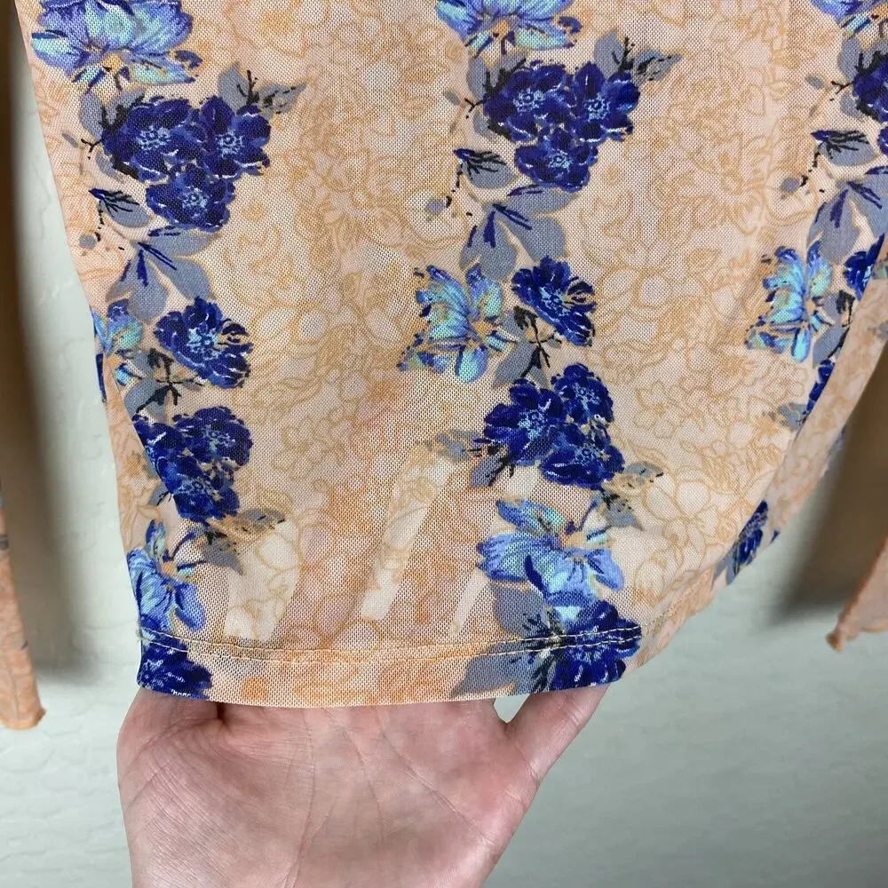 Free People Amber Semi Sheer Floral Print Mock Neck Top Womens Sz XS Boho Retro